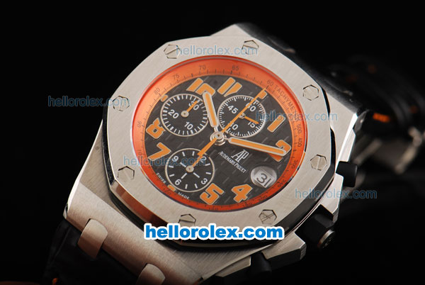 Audemars Piguet Royal Oak Chronograph Swiss Valjoux 7750 Automatic Movement Black Dial with Orange Number Markers and Black Leather Strap - Click Image to Close